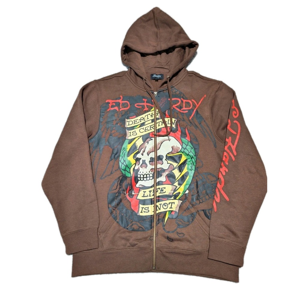 ED HARDY "Death is Certain Life is Not" Brown Zip Up Jacket Hoodie Size XL Skull